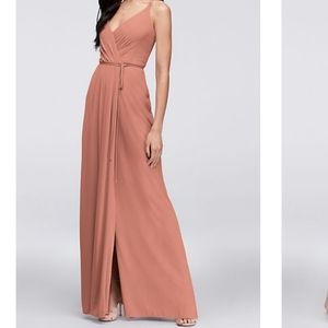 David's Bridal double strap Georgette bridesmaid wrap dress in desert coral